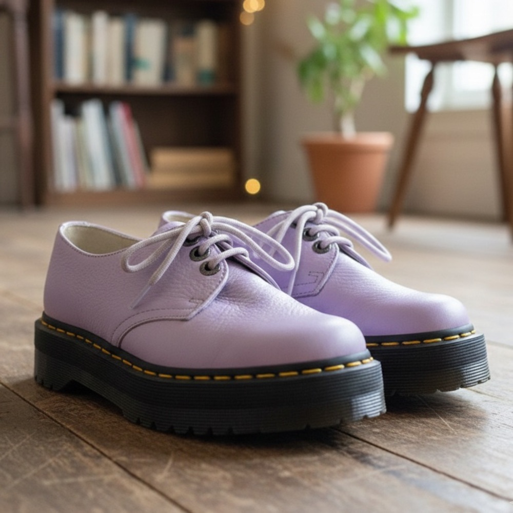 DR. MARTENS Women’s Airwair 1461 Quad II Lilac Pisa Leather Platform Shoes